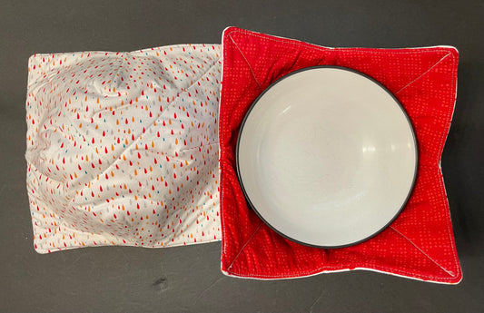White Raindrop with Red Bowl Cozy