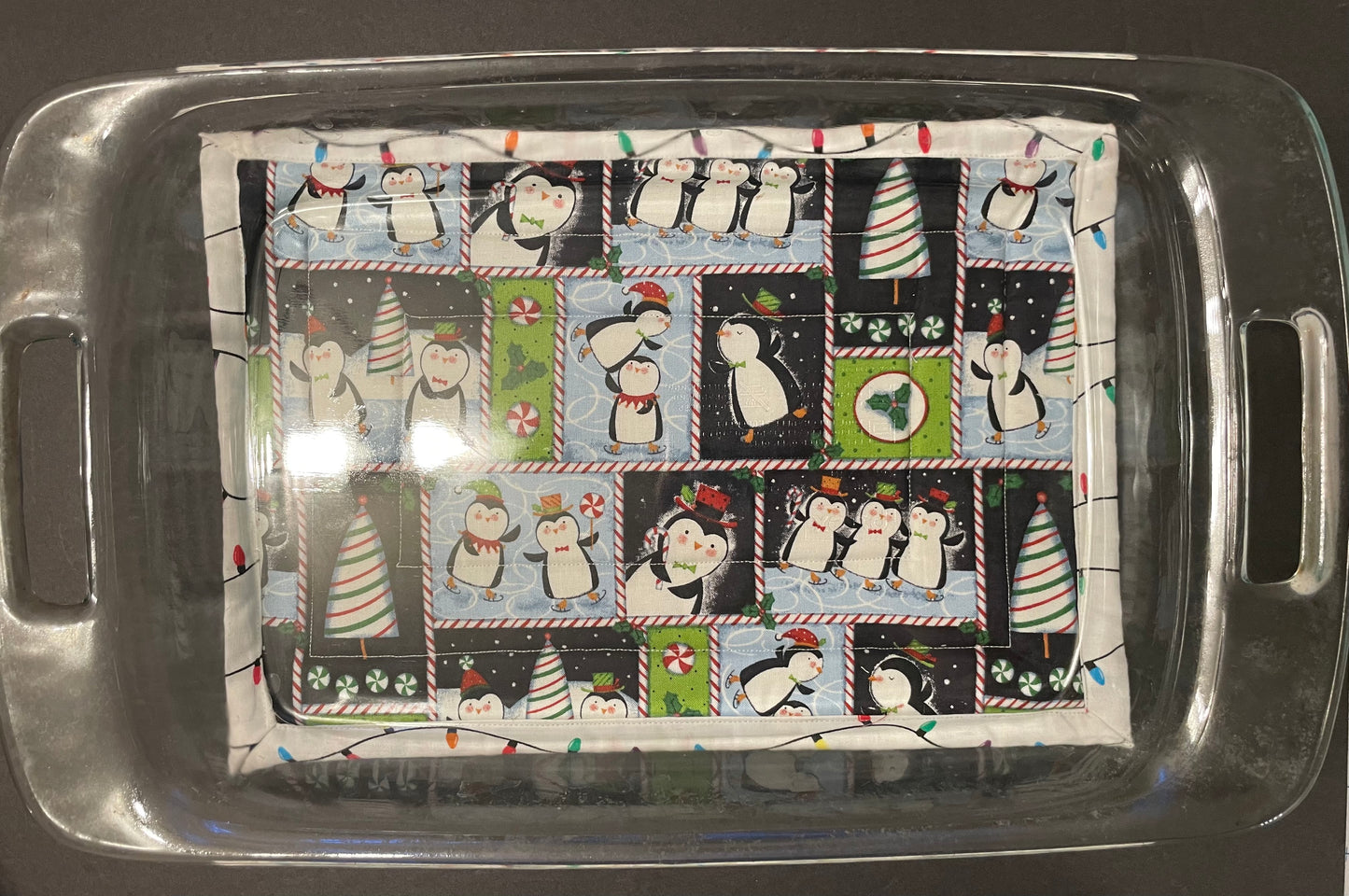Christmas Penguin and white Lights Casserole Trivet